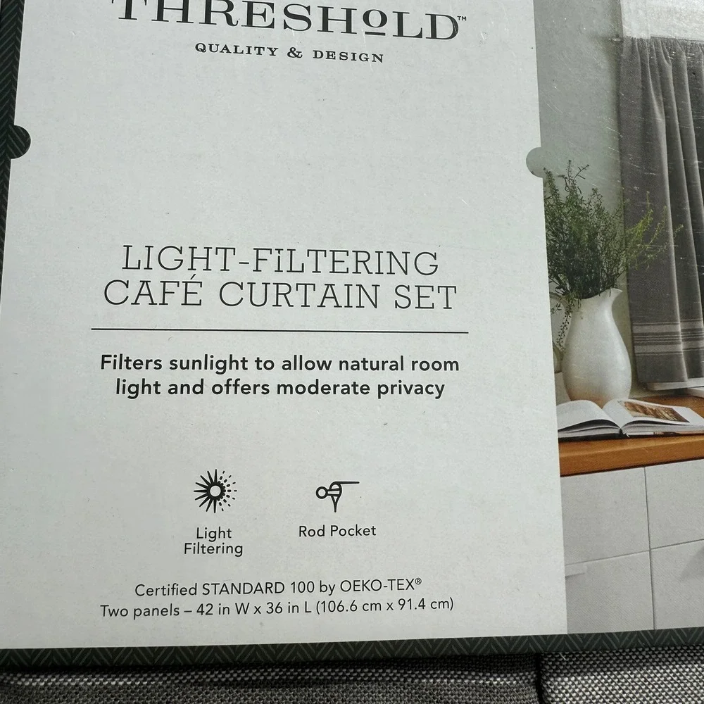 Threshold Cafe Curtain Set Light Filtering Rod Pocket‎ Gray Stripe 42x36